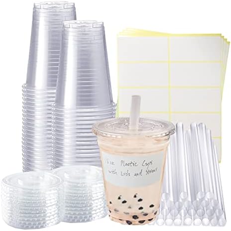 50 Sets de Vasos Plásticos Transparentes de 16oz con Tapas Planas, Vasos Desechables para Café Frío, Bebidas Frías, Jugo, Té de Burbuja, Smoothies y - imagen 1