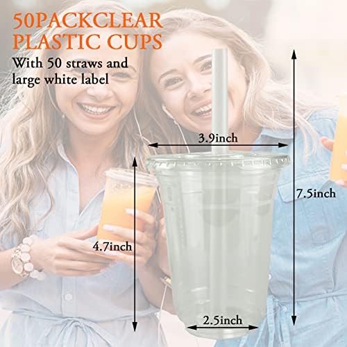 50 Sets de Vasos Plásticos Transparentes de 16oz con Tapas Planas, Vasos Desechables para Café Frío, Bebidas Frías, Jugo, Té de Burbuja, Smoothies y - imagen 2