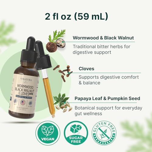 VINATURA Extracto de Ajenjo, Nogal Negro y Clavos - Limpieza y Desintoxicación con Hoja de Papaya y Semilla de Calabaza - Suplemento de 2 fl oz - imagen 2