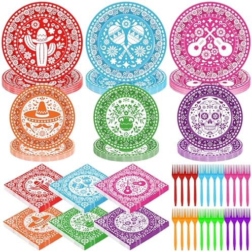 Juego de 96 Piezas de Decoraciones para Cinco de Mayo, Platos y Servilletas Desechables Coloridos para Fiesta, Utensilios de Papel para Cumpleaños y - imagen 1
