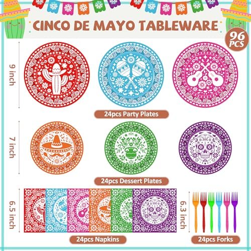 Juego de 96 Piezas de Decoraciones para Cinco de Mayo, Platos y Servilletas Desechables Coloridos para Fiesta, Utensilios de Papel para Cumpleaños y - imagen 2