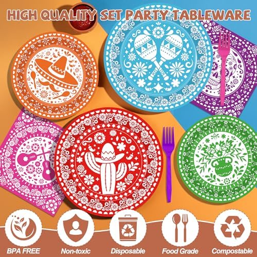 Juego de 96 Piezas de Decoraciones para Cinco de Mayo, Platos y Servilletas Desechables Coloridos para Fiesta, Utensilios de Papel para Cumpleaños y - imagen 3