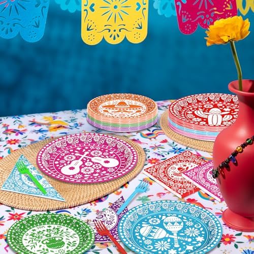 Juego de 96 Piezas de Decoraciones para Cinco de Mayo, Platos y Servilletas Desechables Coloridos para Fiesta, Utensilios de Papel para Cumpleaños y - imagen 4