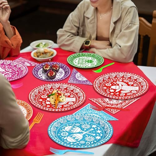Juego de 96 Piezas de Decoraciones para Cinco de Mayo, Platos y Servilletas Desechables Coloridos para Fiesta, Utensilios de Papel para Cumpleaños y - imagen 7