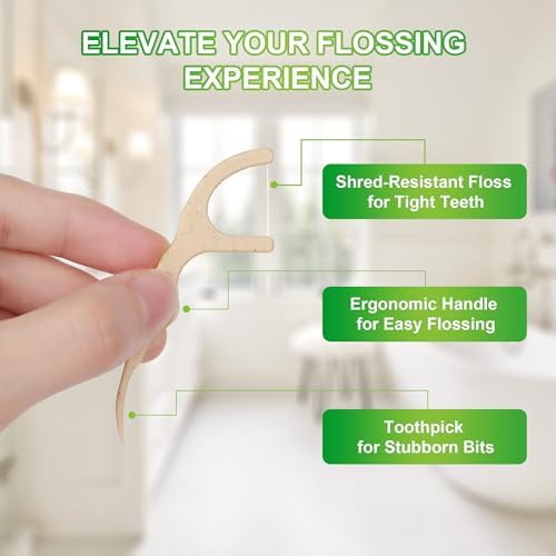 Hilo Dental Biodegradable 200 Piezas, Palillos de Dientes Ecológicos Veganos, Resistente al Desgarro, Con Mango Ancho, Sabor Menta - imagen 3