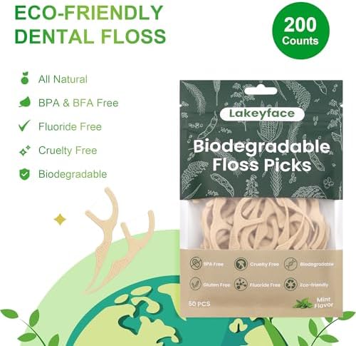 Hilo Dental Biodegradable 200 Piezas, Palillos de Dientes Ecológicos Veganos, Resistente al Desgarro, Con Mango Ancho, Sabor Menta - imagen 4