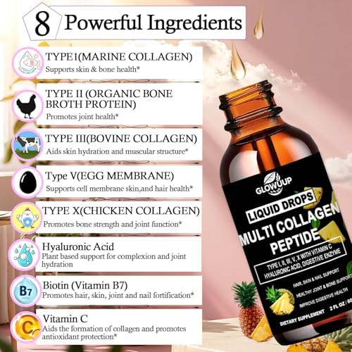 Gotas Líquidas de Colágeno Múltiple para Hombres y Mujeres - Tipo I, II, III, V, X | Colágeno Hidrolizado con Ácido Hialurónico, Biotina y Vitamina C - imagen 2