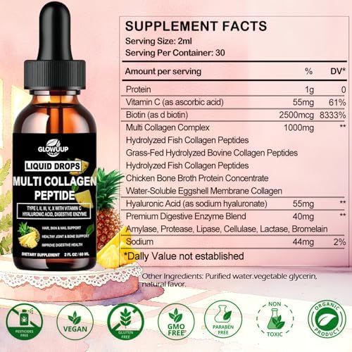 Gotas Líquidas de Colágeno Múltiple para Hombres y Mujeres - Tipo I, II, III, V, X | Colágeno Hidrolizado con Ácido Hialurónico, Biotina y Vitamina C - imagen 7
