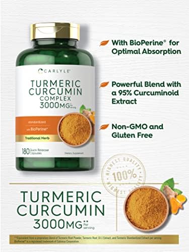 Suplemento de Cúrcuma Curcumina Carlyle | 180 Cápsulas | Con Pimienta Negra, Curcuminoides y Bioperina | Sin OGM, Sin Gluten - imagen 3