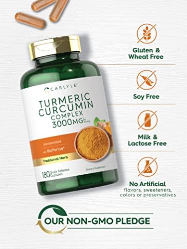 Suplemento de Cúrcuma Curcumina Carlyle | 180 Cápsulas | Con Pimienta Negra, Curcuminoides y Bioperina | Sin OGM, Sin Gluten - imagen 4
