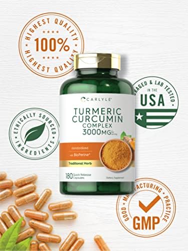 Suplemento de Cúrcuma Curcumina Carlyle | 180 Cápsulas | Con Pimienta Negra, Curcuminoides y Bioperina | Sin OGM, Sin Gluten - imagen 5