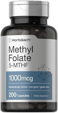 Suplemento de Methyl Folate Horbäach | 1000 mcg | 200 Cápsulas | 5-MTHF | Ácido Fólico | No GMO, Libre de Gluten - imagen 1