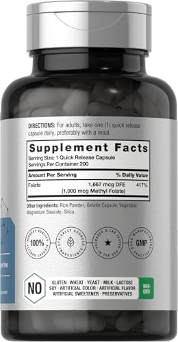 Suplemento de Methyl Folate Horbäach | 1000 mcg | 200 Cápsulas | 5-MTHF | Ácido Fólico | No GMO, Libre de Gluten - imagen 2