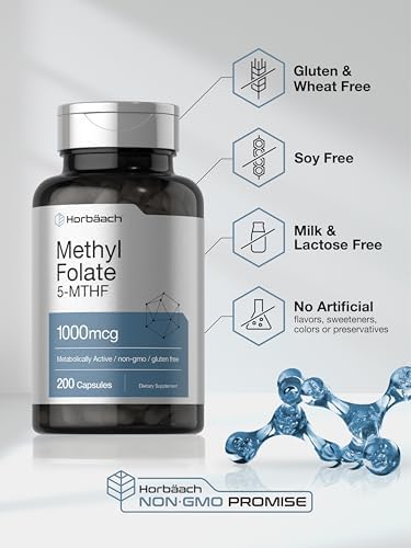 Suplemento de Methyl Folate Horbäach | 1000 mcg | 200 Cápsulas | 5-MTHF | Ácido Fólico | No GMO, Libre de Gluten - imagen 5