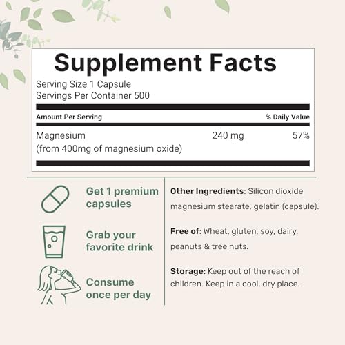 Óxido de Magnesio 400mg, 500 Cápsulas | Fórmula Elemental para Máxima Concentración | Apoya la Calma, Salud Muscular y Nerviosa | Sin OGM - imagen 2