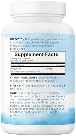 Óxido de Magnesio 400mg, 500 Cápsulas | Fórmula Elemental para Máxima Concentración | Apoya la Calma, Salud Muscular y Nerviosa | Sin OGM - imagen 6