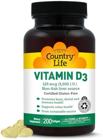 Country Life Vitamina D3 5000 IU para la Salud Inmunológica y Ósea, Absorción de Calcio y Salud del Colon - Fuente Sostenible de Lanolina, Disponible - imagen 1