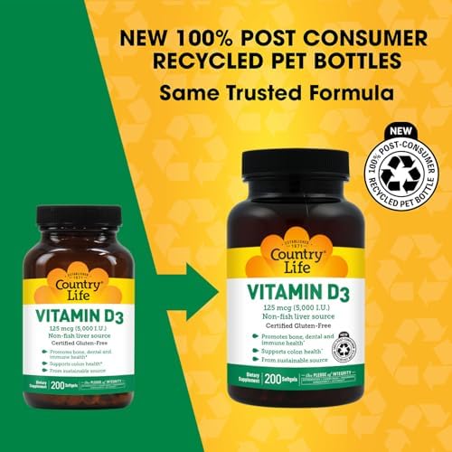 Country Life Vitamina D3 5000 IU para la Salud Inmunológica y Ósea, Absorción de Calcio y Salud del Colon - Fuente Sostenible de Lanolina, Disponible - imagen 2