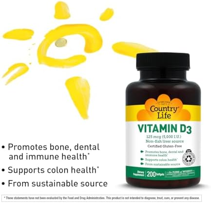 Country Life Vitamina D3 5000 IU para la Salud Inmunológica y Ósea, Absorción de Calcio y Salud del Colon - Fuente Sostenible de Lanolina, Disponible - imagen 5