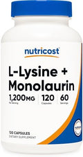 Nutricost L-Lisina + Monolaurina (1,200mg) 120 Cápsulas - L-Lisina HCI, Vegano, Libre de GMO, Sin Gluten, 60 Porciones - imagen 1