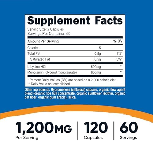 Nutricost L-Lisina + Monolaurina (1,200mg) 120 Cápsulas - L-Lisina HCI, Vegano, Libre de GMO, Sin Gluten, 60 Porciones - imagen 2