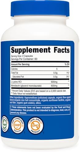 Nutricost L-Lisina + Monolaurina (1,200mg) 120 Cápsulas - L-Lisina HCI, Vegano, Libre de GMO, Sin Gluten, 60 Porciones - imagen 5