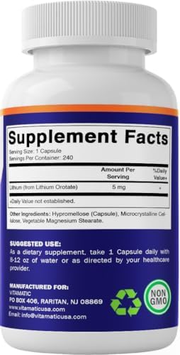 Vitamatic Orotato de Litio 5mg, 240 Cápsulas Vegetales, Sin OGM, Sin Gluten. - imagen 8