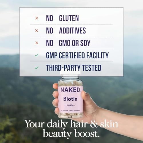 NAKED Biotina 10,000mcg - Suplemento de Vitamina B7 para Cabello, Piel y Uñas - Sin OGM, Sin Gluten, Vegano - 120 Cápsulas - imagen 2