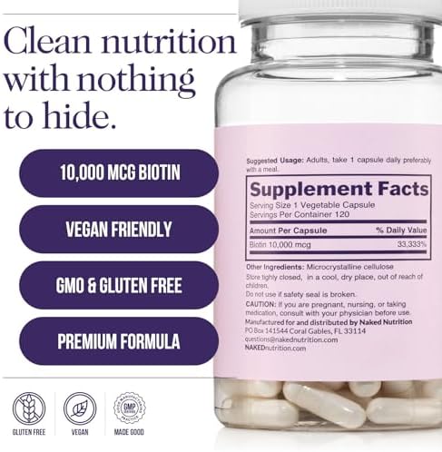 NAKED Biotina 10,000mcg - Suplemento de Vitamina B7 para Cabello, Piel y Uñas - Sin OGM, Sin Gluten, Vegano - 120 Cápsulas - imagen 5