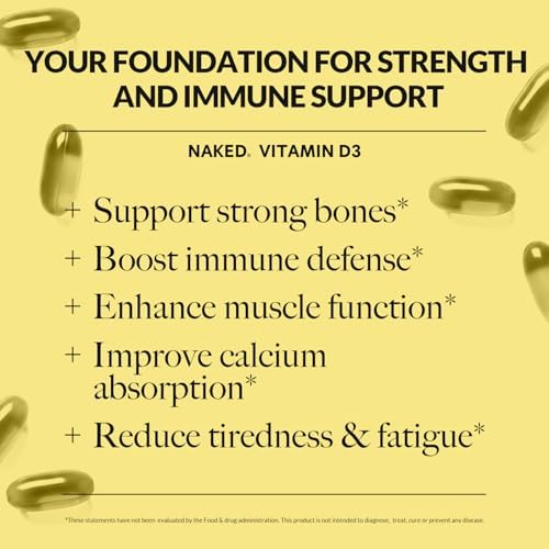 NAKED Vitamina D3 5000 UI – Suplemento de Vitamina D de Alta Potencia para el Soporte Inmunológico, Fuerza Ósea y Función Muscular – 200 Gelatinas - imagen 3