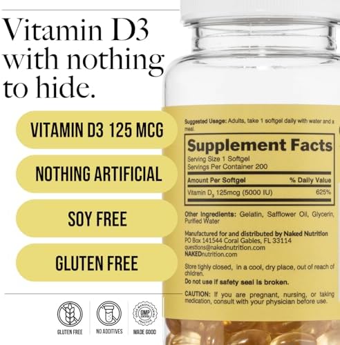 NAKED Vitamina D3 5000 UI – Suplemento de Vitamina D de Alta Potencia para el Soporte Inmunológico, Fuerza Ósea y Función Muscular – 200 Gelatinas - imagen 5