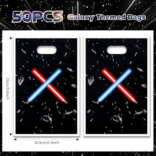 FestiVex 50 Piezas de Bolsas de Regalo Temáticas de Galaxia Negras con Asa para Fiestas, Suministros de Cumpleaños y Decoraciones de Navidad y - imagen 3