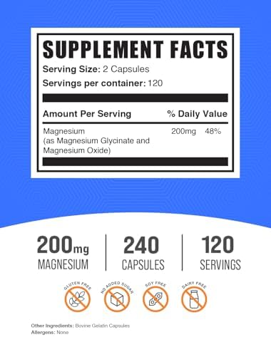 Cápsulas de Magnesio Glicinato BulkSupplements.com - Suplemento de Magnesio 200mg, Libre de Gluten, 2 Cápsulas por Porción, 240 Contenido - imagen 2
