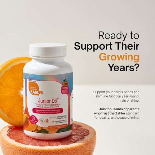 Zahler Junior D3 - Apoyo Inmunológico para Niños en Crecimiento - Vitamina D3 para Huesos - Kosher, Sin Gluten y Sin Lácteos - Naranja, 120 Tabletas - imagen 8