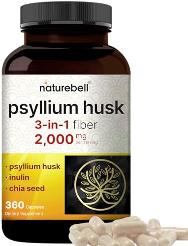 Cápsulas de Fibra de Psyllium NatureBell 2,000mg, 360 Caps | Suplemento de Fibra Soluble | 3 en 1 con Inulina y Semilla de Chía | Vegetal, No GMO, - imagen 1