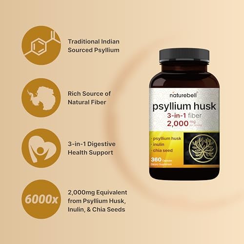 Cápsulas de Fibra de Psyllium NatureBell 2,000mg, 360 Caps | Suplemento de Fibra Soluble | 3 en 1 con Inulina y Semilla de Chía | Vegetal, No GMO, - imagen 3