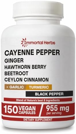 Cápsulas de Pimienta de Cayena Immortal Herbs con Ajo, Jengibre, Espino, Cúrcuma, Canela, Remolacha y Extracto de Pimienta Negra, 150 Cápsulas, No - imagen 1