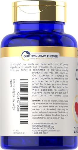 Carlyle CoQ10 100mg Softgels | 240 Cápsulas | Mega Q-Sorb Coenzima Q-10 | con Extracto de Pimienta Negra | Suplemento Sin OGM y Libre de Gluten - imagen 3
