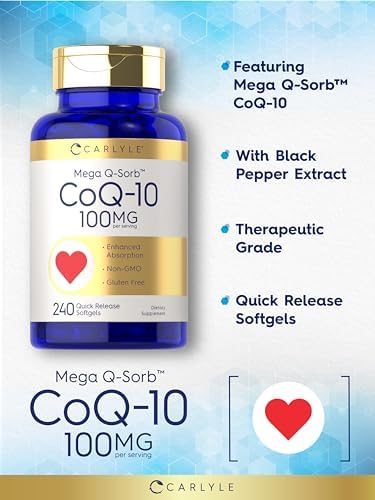 Carlyle CoQ10 100mg Softgels | 240 Cápsulas | Mega Q-Sorb Coenzima Q-10 | con Extracto de Pimienta Negra | Suplemento Sin OGM y Libre de Gluten - imagen 4
