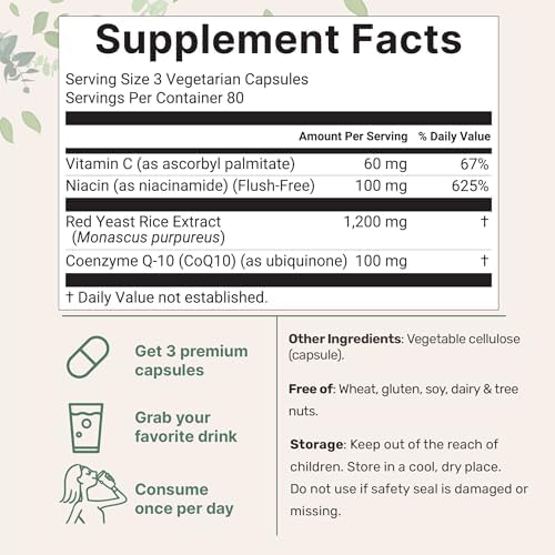 Micro Ingredients Arroz Rojo de Levadura con CoQ10 1200mg, 240 Cápsulas Veganas | Suplemento para Colesterol y Salud Cardiaca | 4 en 1 con Niacina - imagen 2