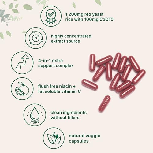 Micro Ingredients Arroz Rojo de Levadura con CoQ10 1200mg, 240 Cápsulas Veganas | Suplemento para Colesterol y Salud Cardiaca | 4 en 1 con Niacina - imagen 3
