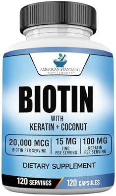 Suplementos American Standard Biotina 20,000mcg con Queratina, Polvo de Coco y Zinc, 120 Cápsulas Veganas, Suministro para 120 Días - imagen 1