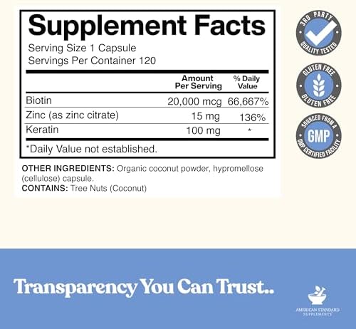 Suplementos American Standard Biotina 20,000mcg con Queratina, Polvo de Coco y Zinc, 120 Cápsulas Veganas, Suministro para 120 Días - imagen 2