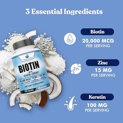 Suplementos American Standard Biotina 20,000mcg con Queratina, Polvo de Coco y Zinc, 120 Cápsulas Veganas, Suministro para 120 Días - imagen 4