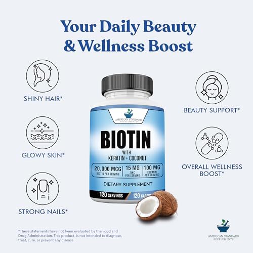Suplementos American Standard Biotina 20,000mcg con Queratina, Polvo de Coco y Zinc, 120 Cápsulas Veganas, Suministro para 120 Días - imagen 5