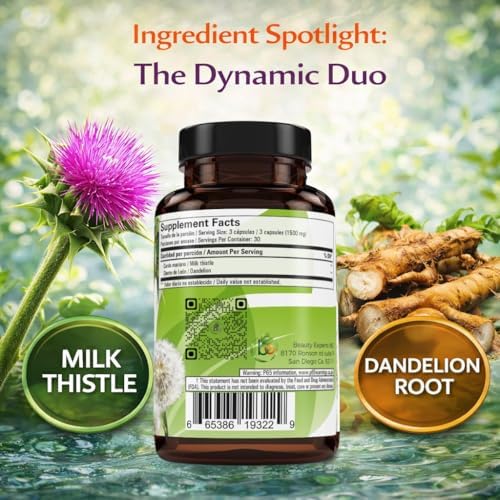 Cardo Mariano Reforzado con Diente de León 90 Cápsulas Vegetales 1500 mg - Soporte para Hígado y Antioxidantes, 100% Natural, BexpertsUSA - imagen 2
