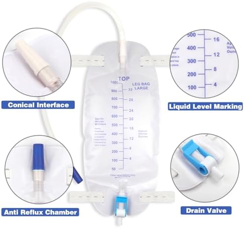 Paquete de 3 Bolsas de Catéter, Bolsa de Drenaje Urinario Premium de 32 Oz con Tubos de 18”, Válvula Antireflujo y Correas de Tela para el Pie, - imagen 3