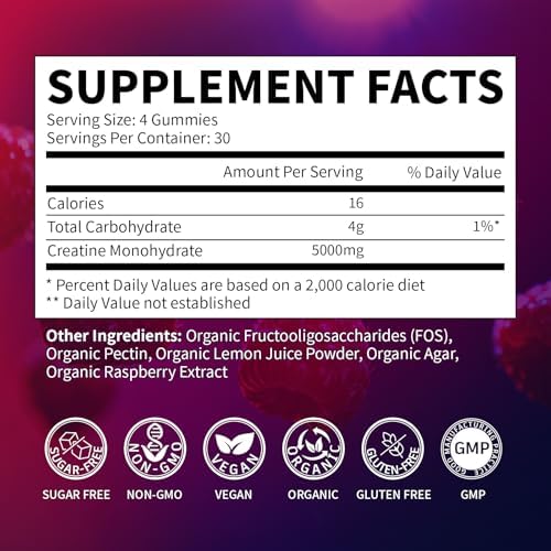 Gomitas de Creatina Monohidratada 5000mg para Hombres y Mujeres, Orgánicas, Sin Azúcar, Veganas, Sabor Frambuesa, 120 Unidades - imagen 2
