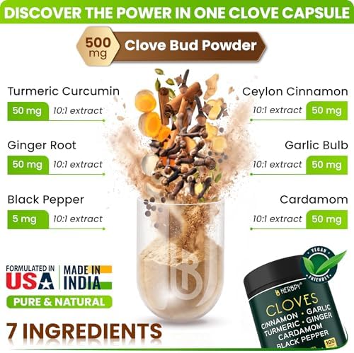 Suplemento de Clavo Herbpy 7 en 1 500mg Rico en Vitaminas y Minerales para Digestión, Inmunidad y Salud Cardiaca con Canela, Cúrcuma, Jengibre, - imagen 2
