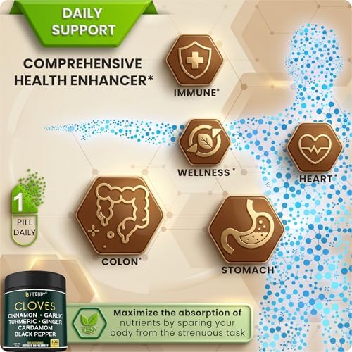 Suplemento de Clavo Herbpy 7 en 1 500mg Rico en Vitaminas y Minerales para Digestión, Inmunidad y Salud Cardiaca con Canela, Cúrcuma, Jengibre, - imagen 3